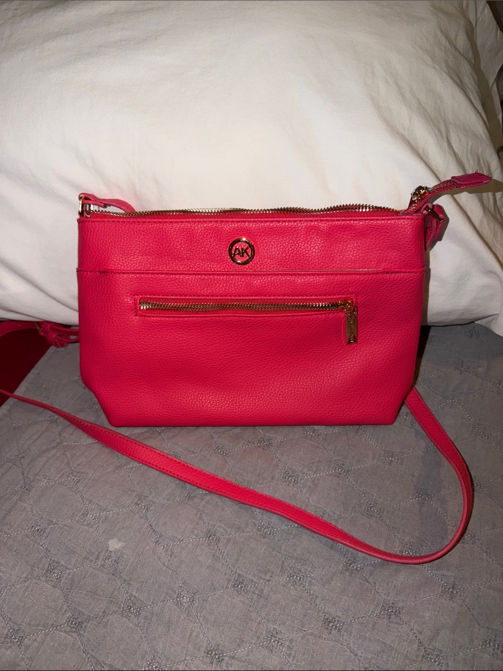 Anne Klein Hot Pink Pebbled Leather Crossbody with Gold Accents